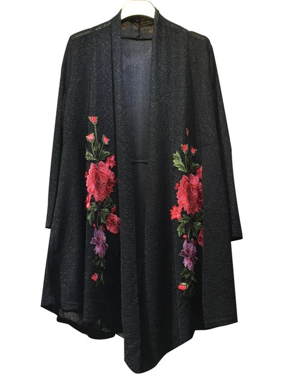 Gilet Kimono Long brodé Floral tricot - Noir 3XL