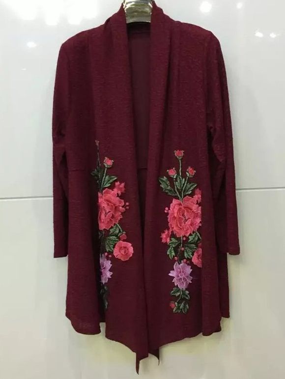 Gilet Kimono Long brodé Floral tricot - Bourgogne XL