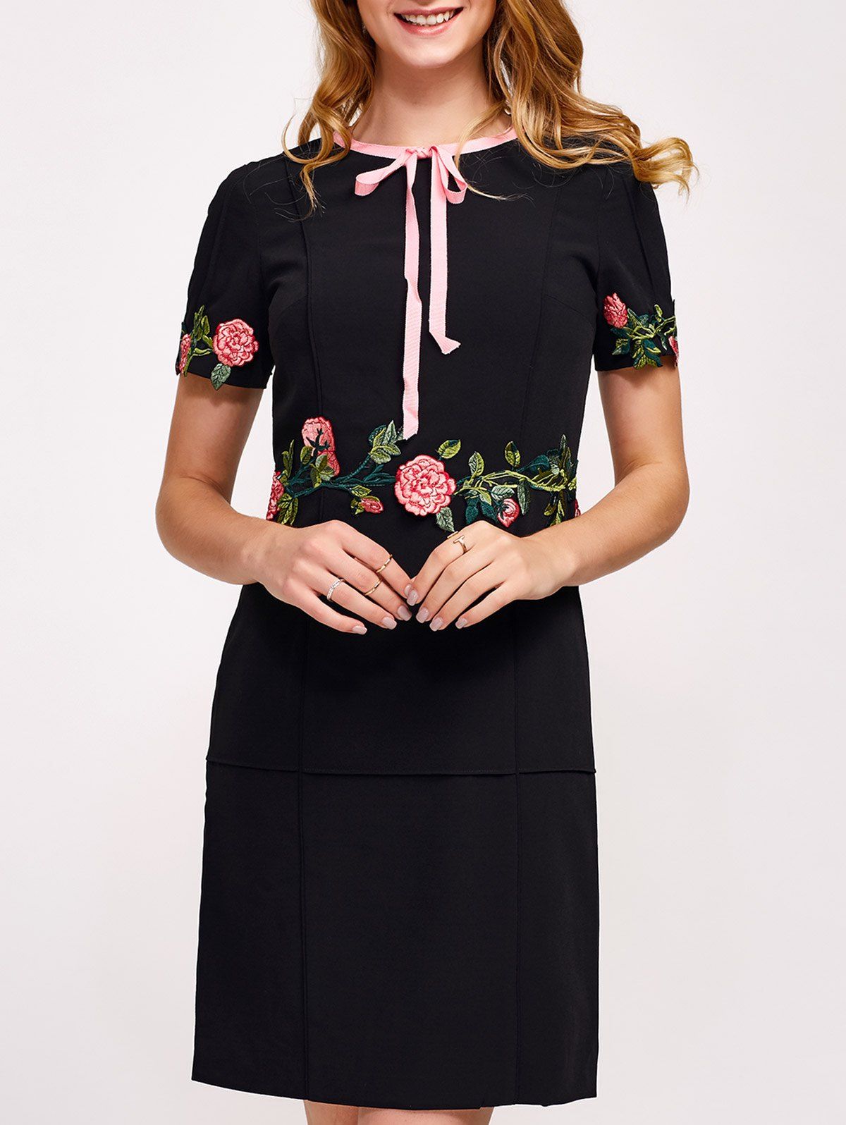 

Flower Embroidery Ribbon Design Sheath Dress, Black