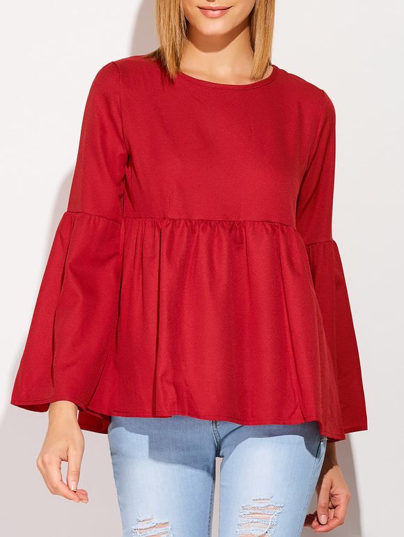 Flare Sleeve Smock T-Shirt - WINE RED L