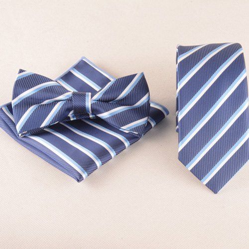

Business Suit Stripe Pattern Tie Pocket Square Bow Tie, Medium blue