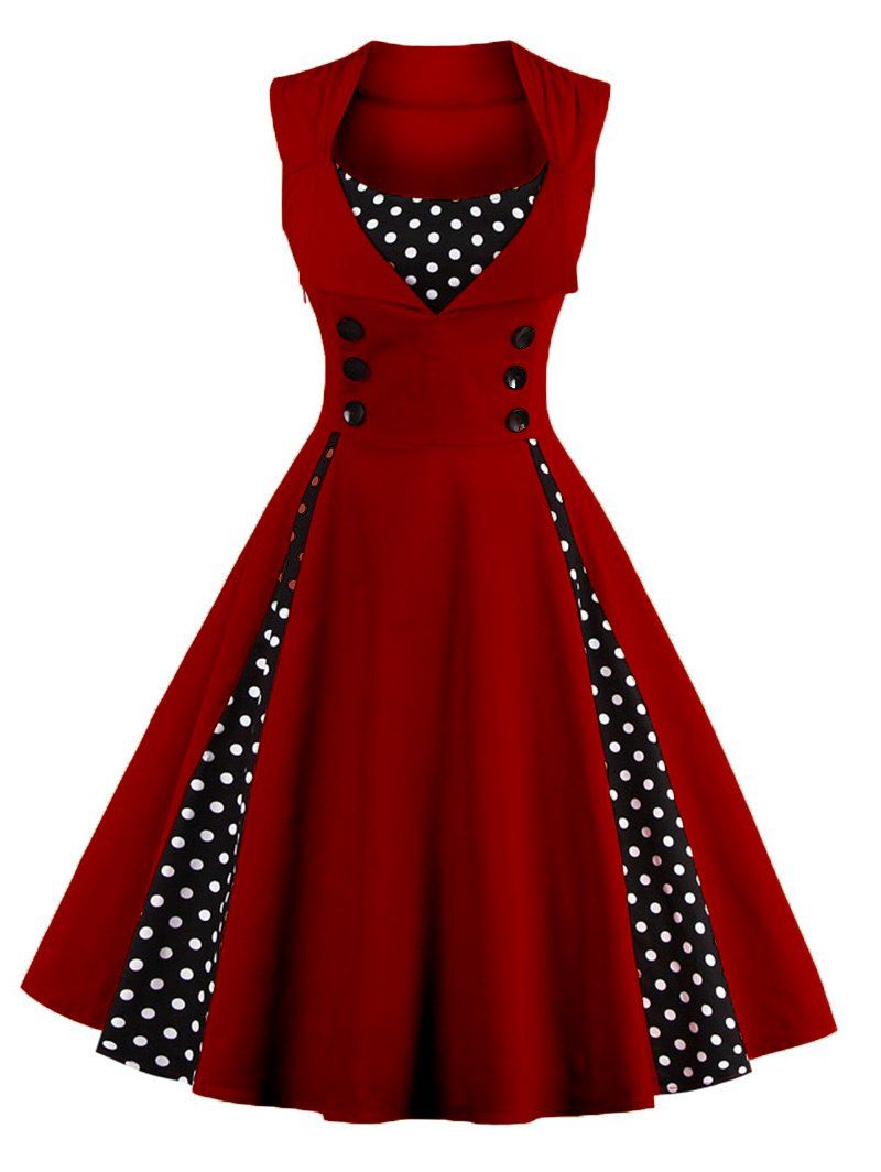 Midi Polka Dot Prom Rockabilly Swing Vintage Prom Dresses - WINE RED S