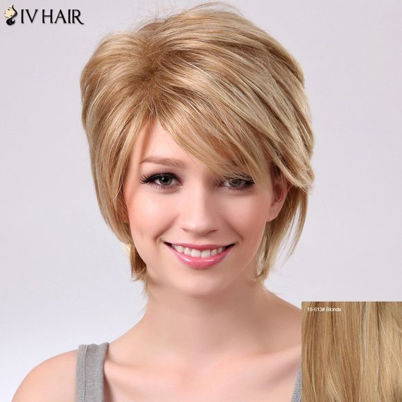 Perruque courte raide avec frange incliné hirsute de cheveux humains - Blonde 