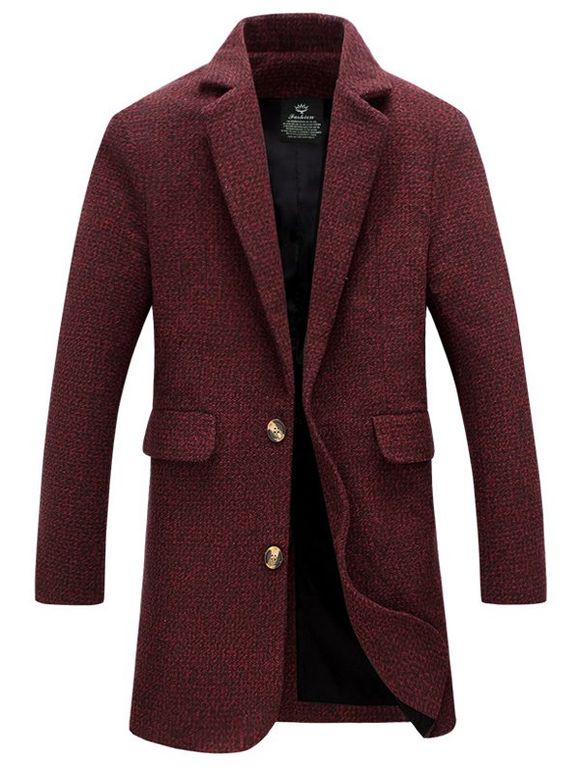 Manteau en laine mélangé tweed col à revers avec poche - Rouge Foncé XL