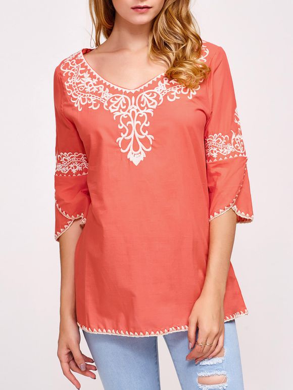 T-shirt ,broderie ethnique ,bord couvert - Tangerine ONE SIZE