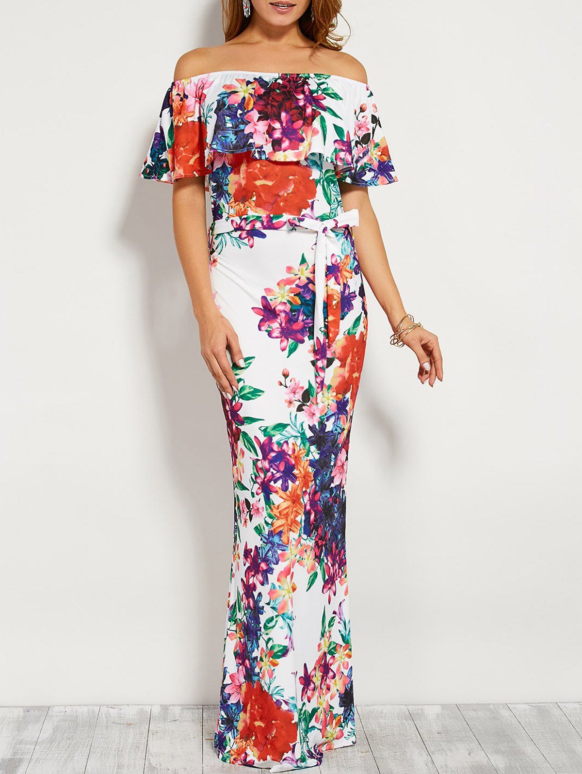 

Floral Flounce Off The Shoulder Long Maxi Dress, White