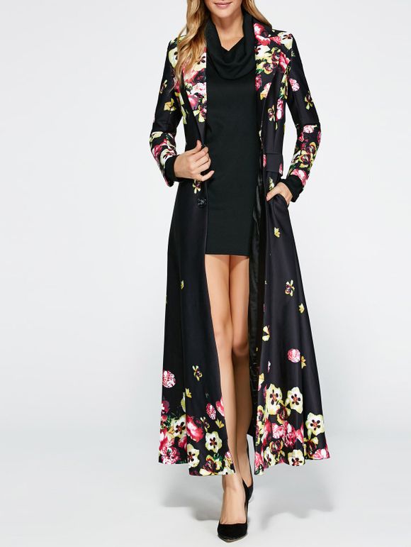 Manteau Trench à fleurs Imprimé Vintage - Noir 2XL