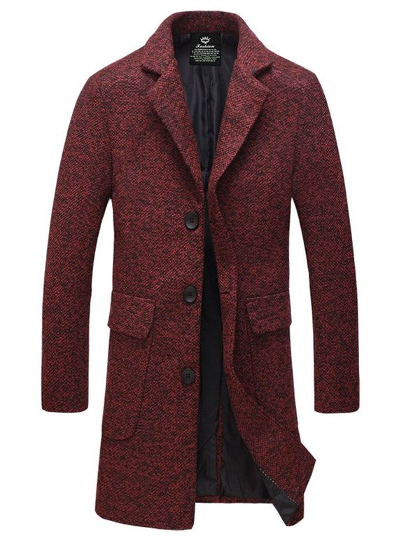 Manteau en laine mélangé tweed col à revers avec poche - Rouge Foncé M