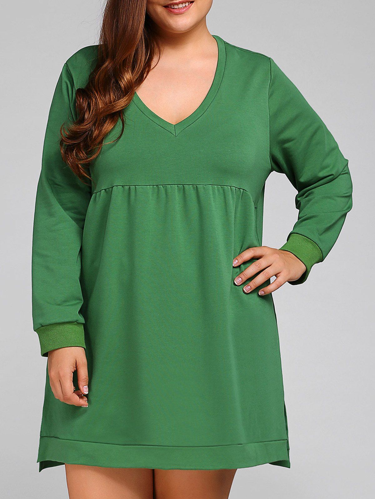 

Plus Size Long Sleeve Slit Shift Dress, Green