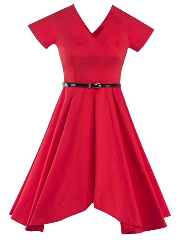Robe asymétrique évasée avec col en V style rétro - Rouge L