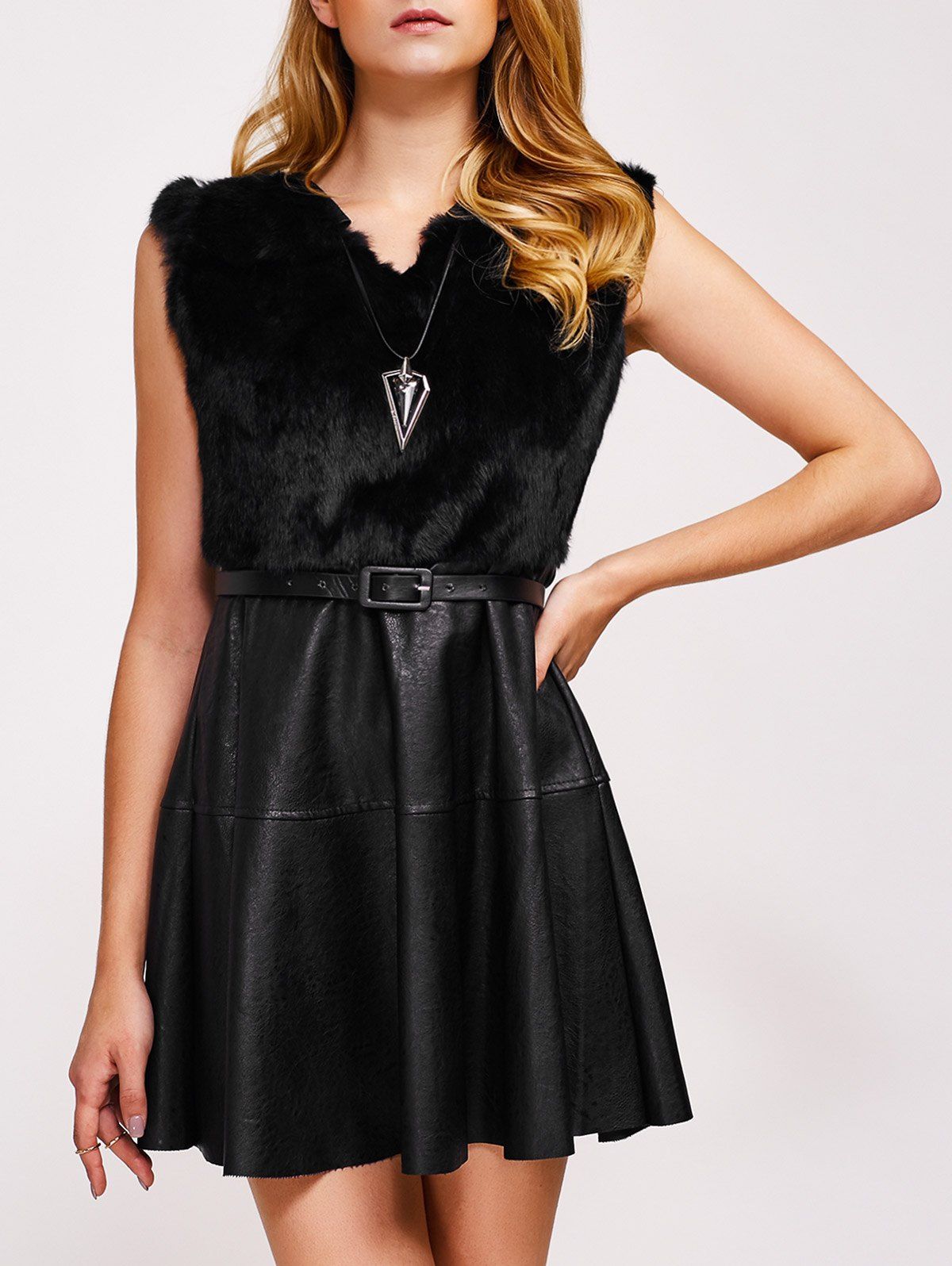 

Sleeveless Belted Faux Leather Dress, Black