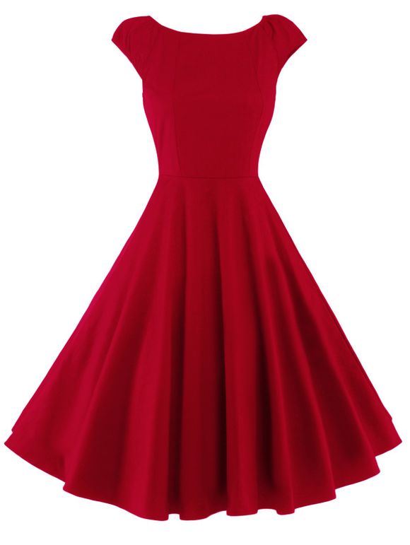 A Line Puffer Cap Sleep Plain Dress - RED M