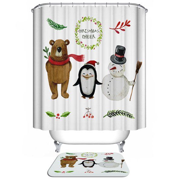 

Bathroom Decoration Christmas Bear Waterproof Shower Curtain, White