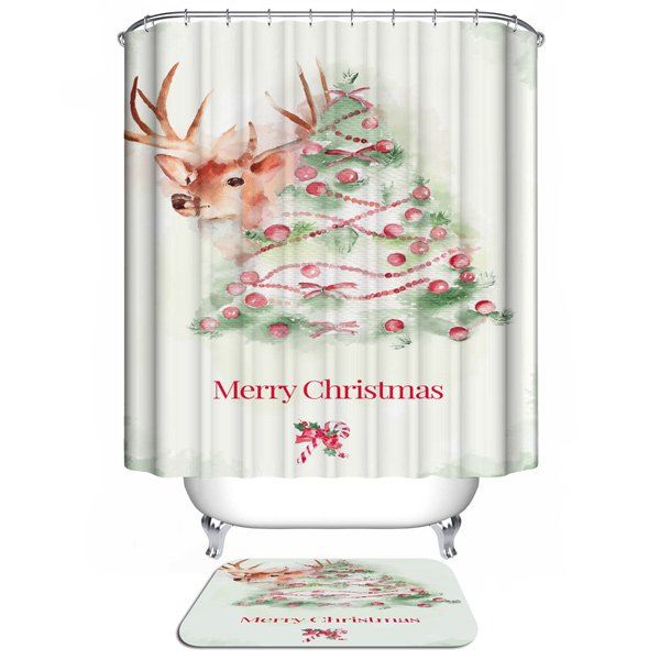 

Bathroom Decoration Christmas Deer Waterproof Shower Curtain, White