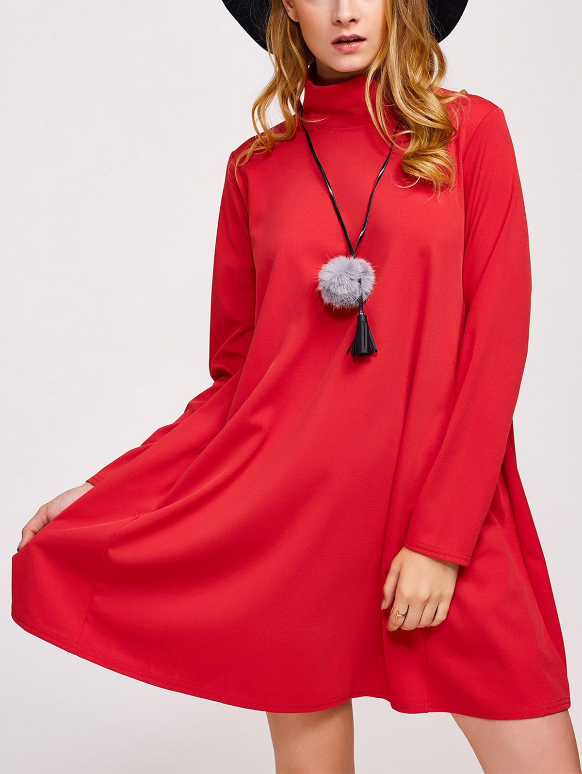 

Mock Neck Long Sleeve Tent Dress, Red