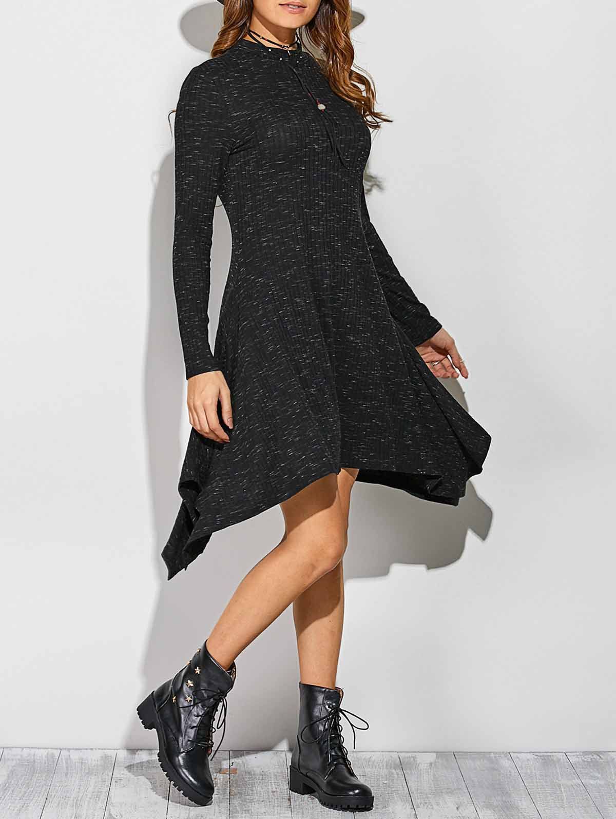 Ribbed Asymmetrical Long Sleeve Skater Sweater Dress - BLACK M