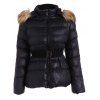 Belted Furry Hooded Winter Puffer Jacket - BLACK M
