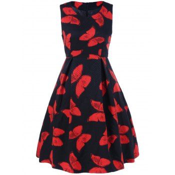 [41% OFF] 2022 Butterfly Print Fit And Flare Dress In RED/BLACK | DressLily