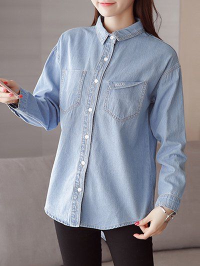 chemise en jean avec poches brodées - Bleu clair S