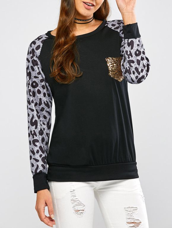T-shirt  a manches raglan avec poche léopard - Noir S