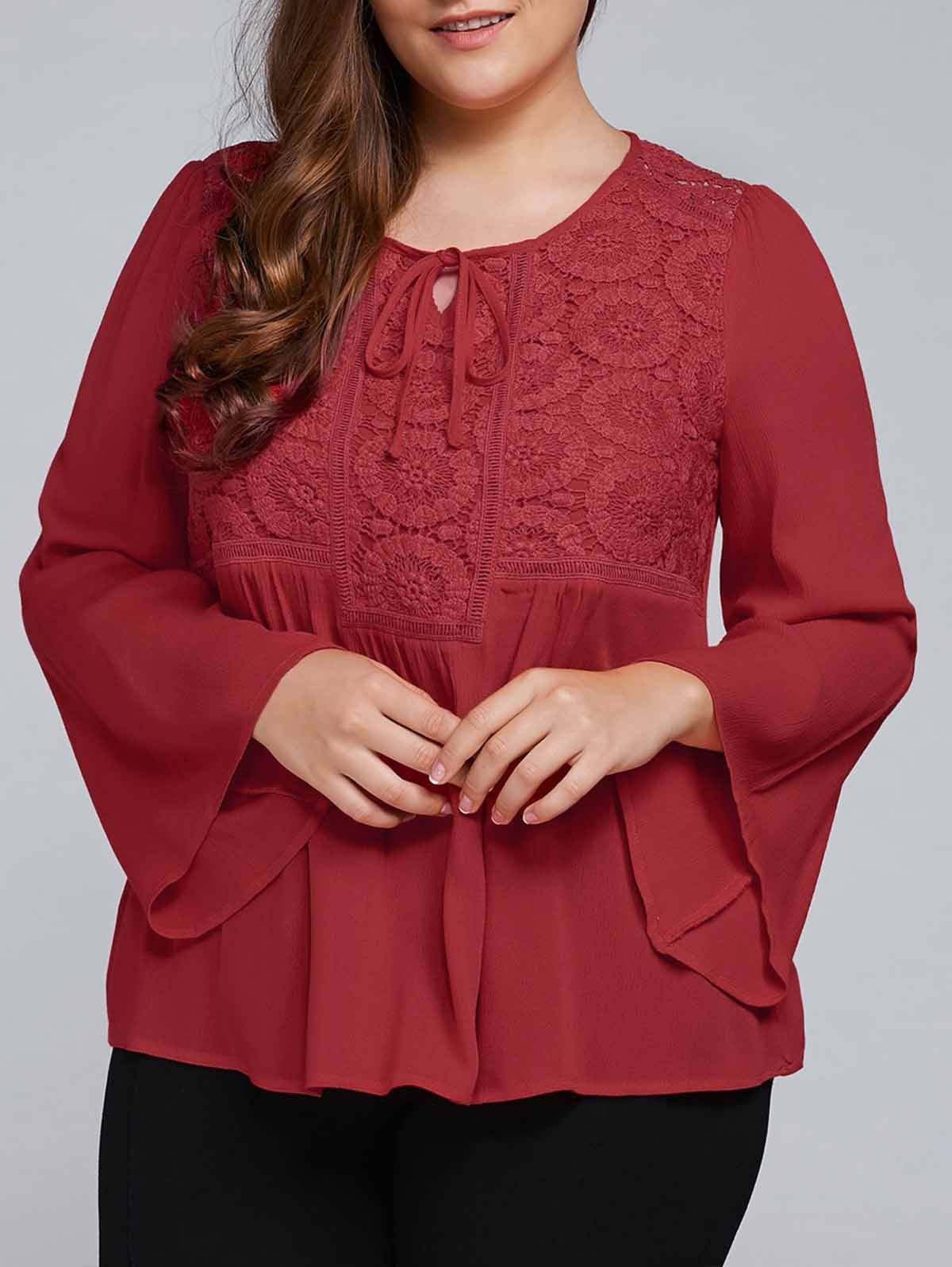 [41 OFF] 2021 Plus Size Lace Insert Peasant Blouse In DEEP RED DressLily