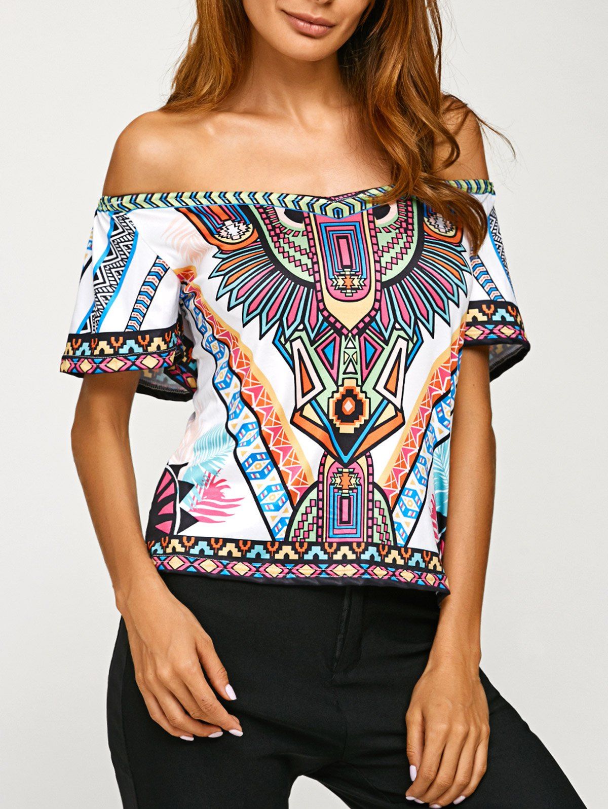 

Off Shoulder Backless Tribal Print T-Shirt, White