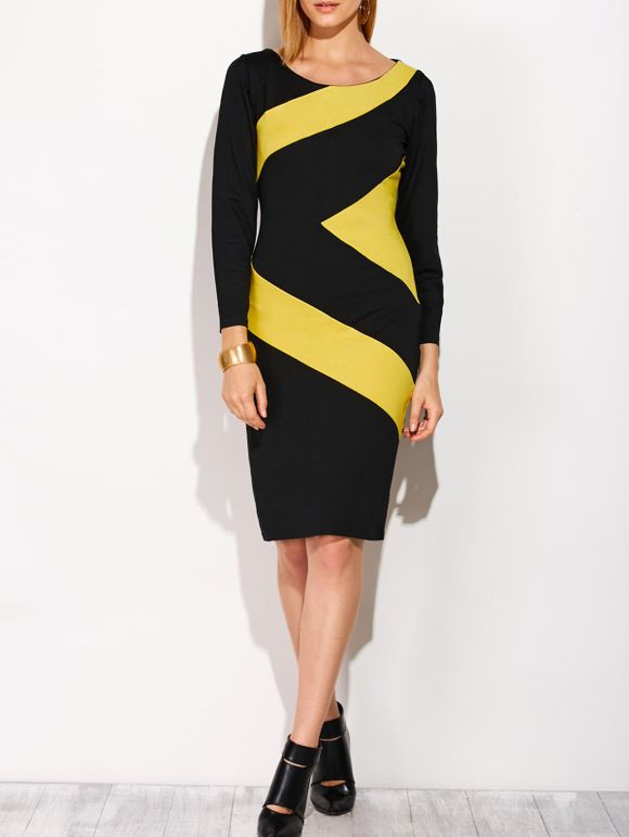 Robe a longueur de genoux avec deux  couleurs a forme géométrique - Jaune et Noir L