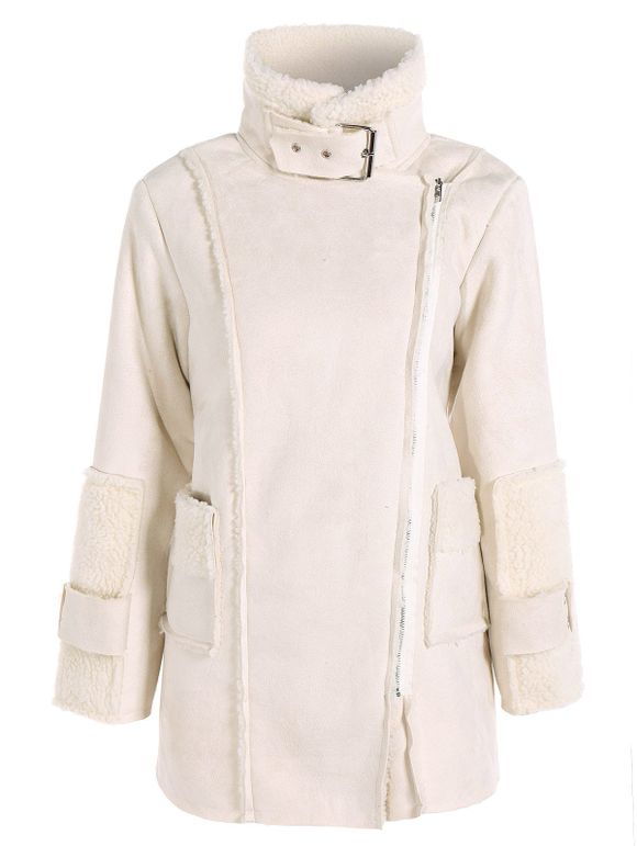 Manteau zippé en faux-suede à col entonnoir polaire - Blanc Cassé L