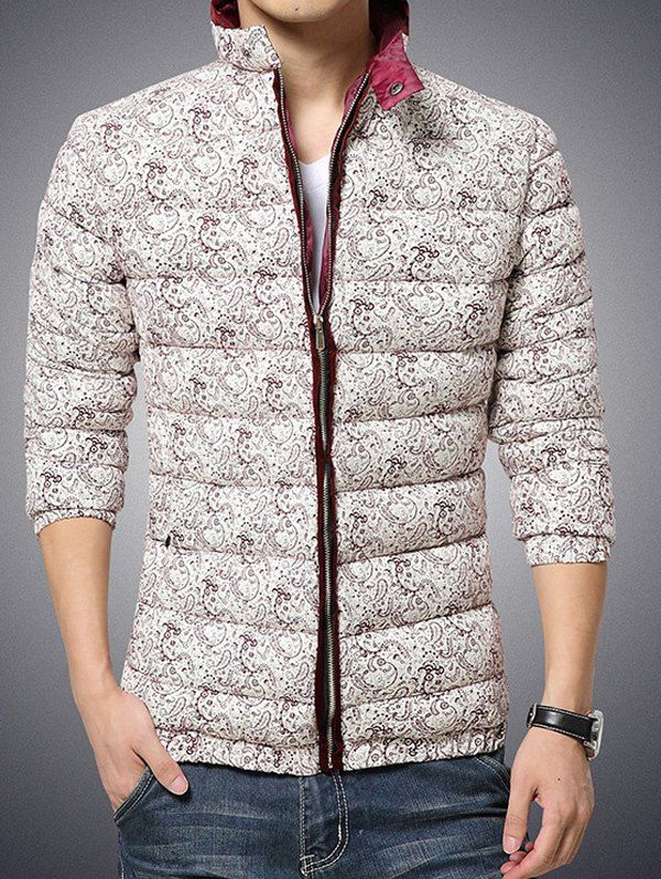 

Stand Collar Zip Up Paisley Printed Quilted Jacket, Burgundy