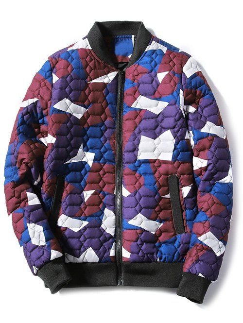 

Stand Collar Zip Up Geometric Camo Padded Jacket, Red