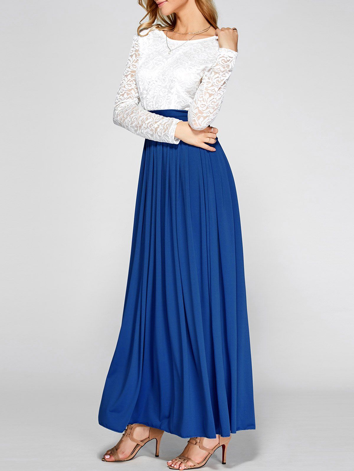

Lace Panel Maxi Evening Long Sleeve Dress, Sapphire blue