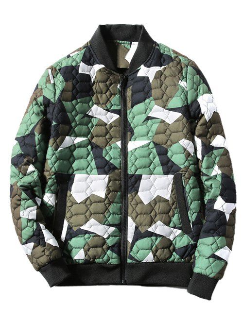 

Stand Collar Zip Up Geometric Camo Padded Jacket, Green
