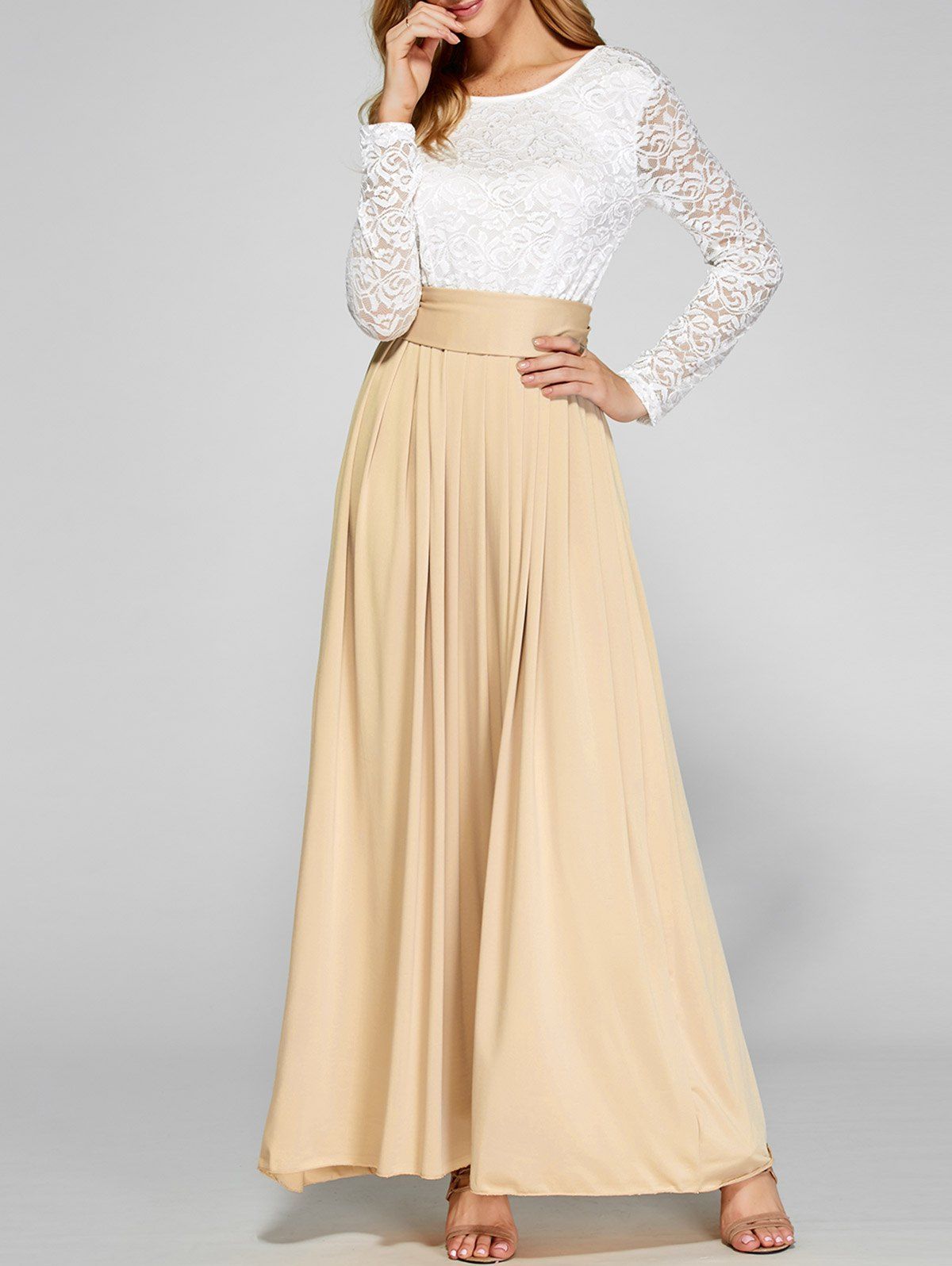 

Lace Panel Maxi Evening Long Sleeve Dress, Apricot