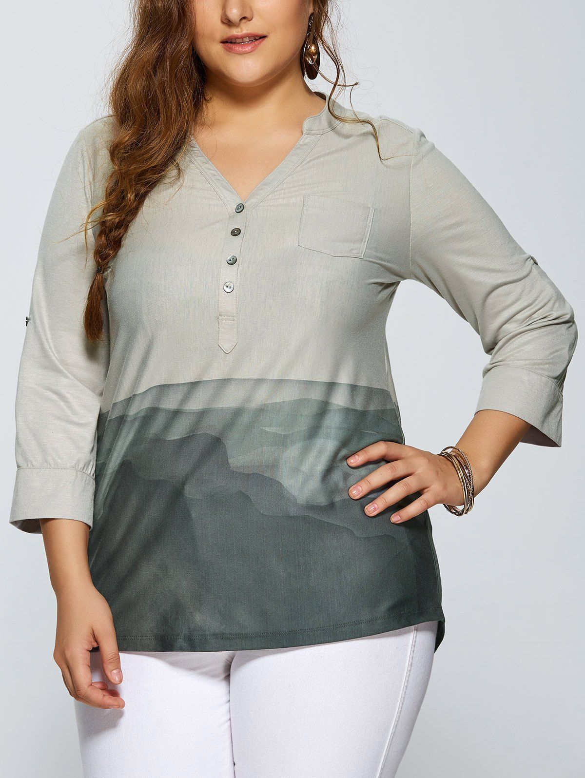 

Plus Size V Neck High Low Print Blouse, Gray