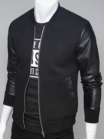 Stand Collar PU Leather Splicing Zip Up Jacket - BLACK L
