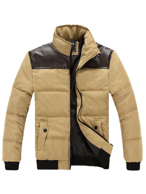 

Stand Collar Zip Up PU Spliced Padded Jacket, Khaki
