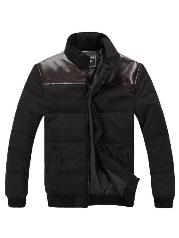 

Stand Collar Zip Up PU Spliced Padded Jacket, Black