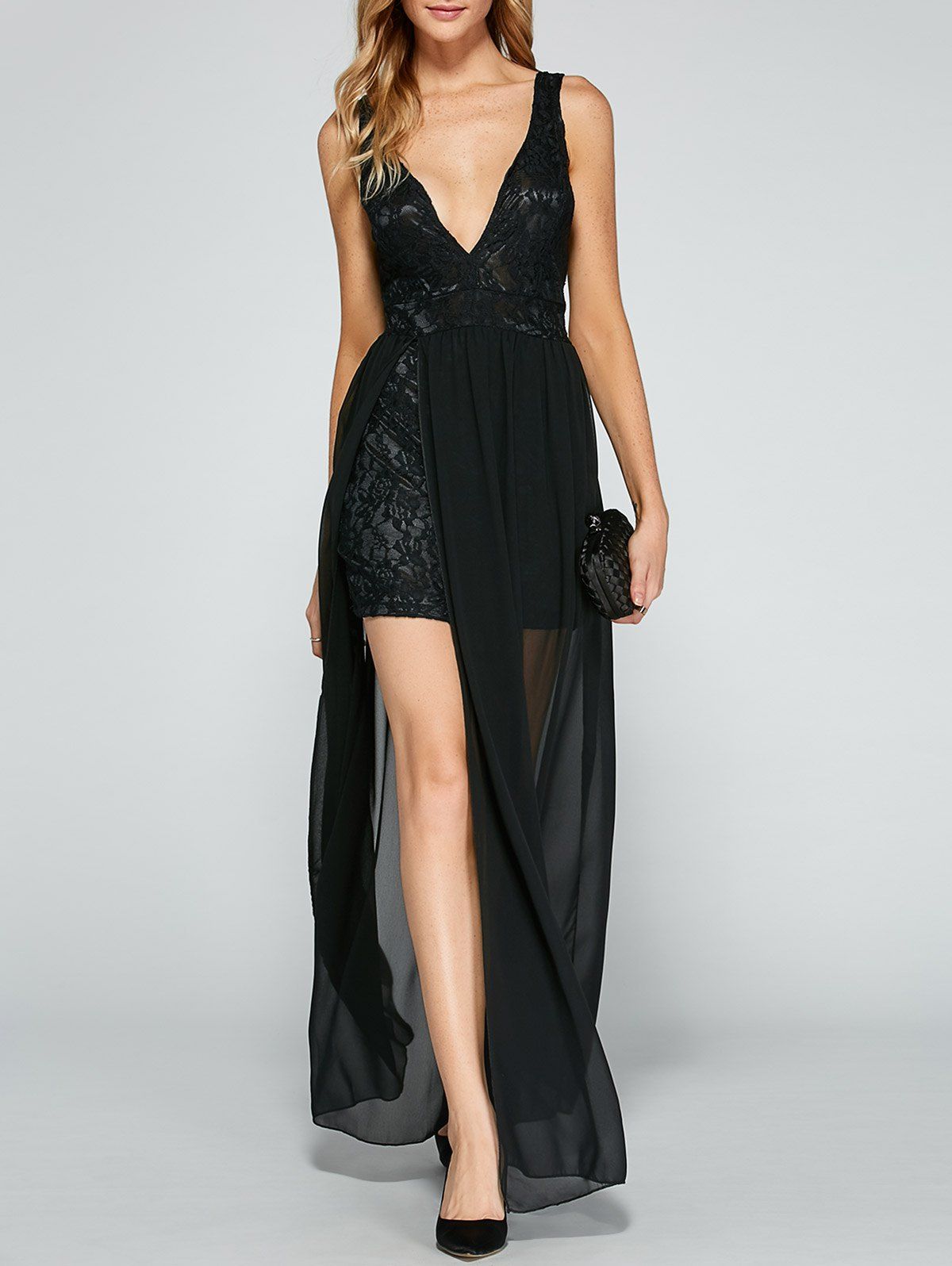

Plunge Backless Lace Chiffon Maxi Split Cocktail Dress, Black