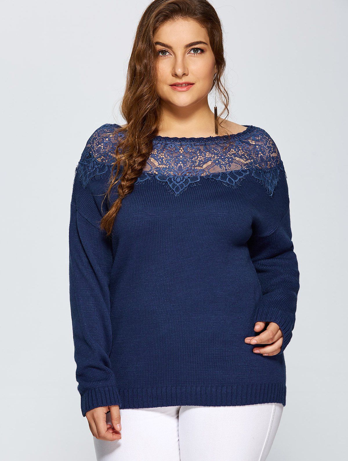 Plus Size Lace Spliced Pullover Sweater - DEEP BLUE 3XL
