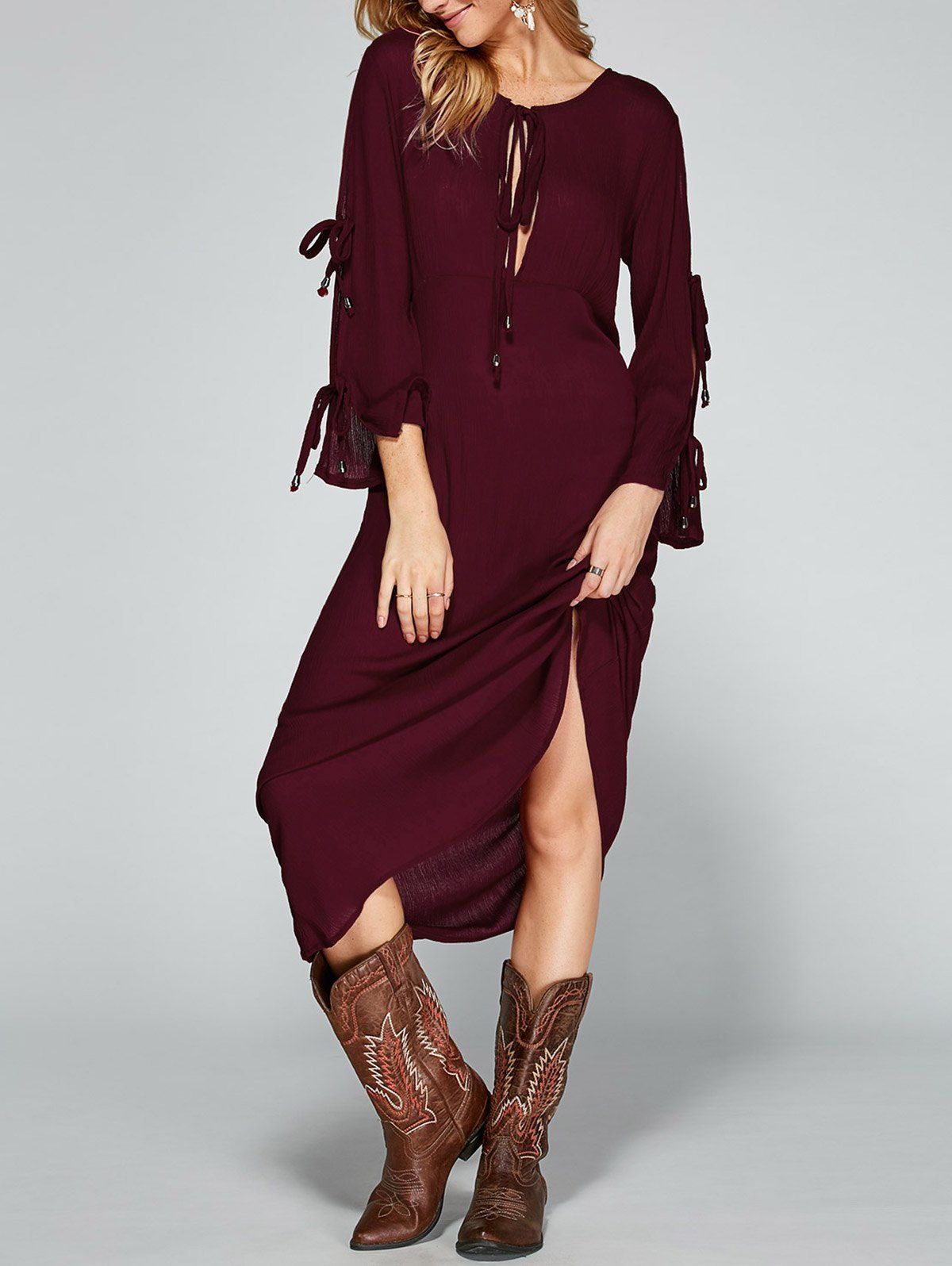 

Split Sleeve Empire Waist Tea Length Dress, Wine red