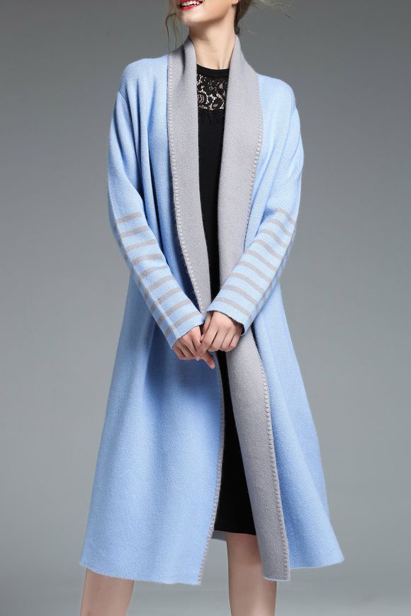 Manteau col palangre Color Block Woolen - Bleu clair XL