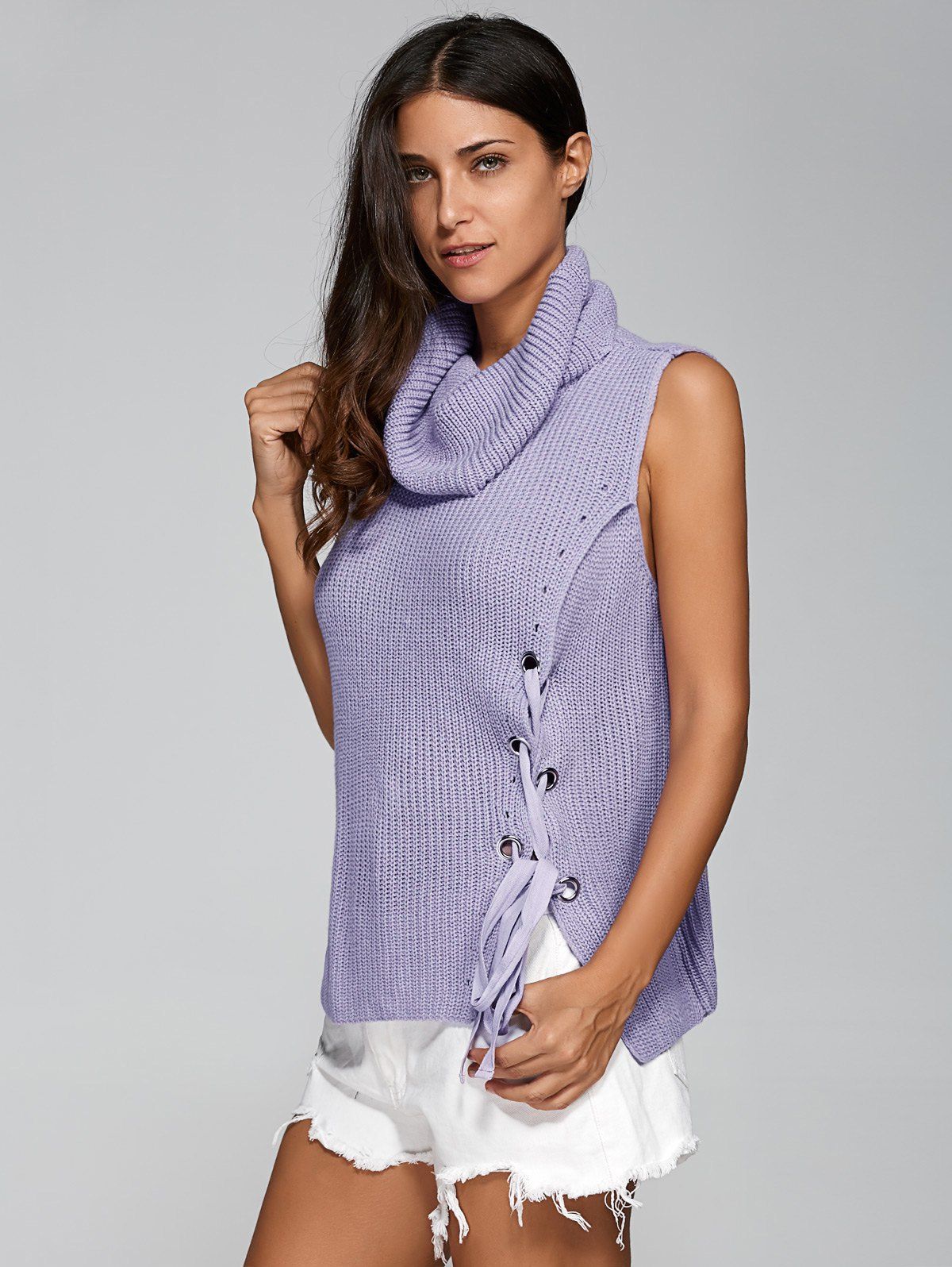 

Sleeveless Tie Up Cowl Neck Sweater, Purple