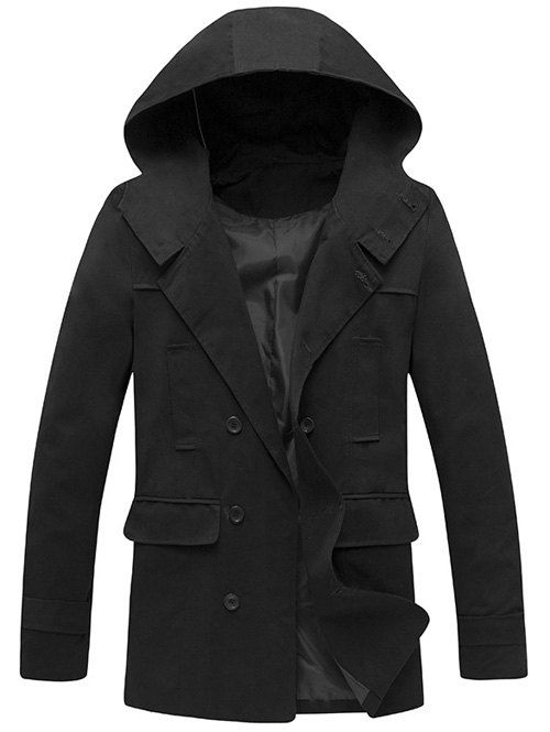 

Double Breasted Hooded Back Slit Wind Coat, Black