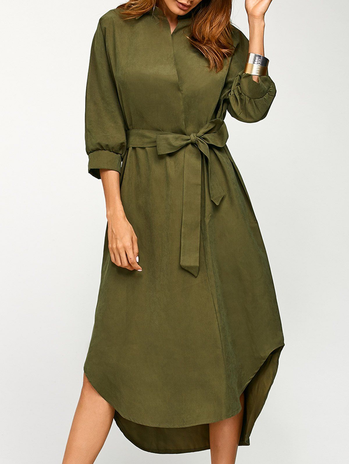 

Asymmetric Casual Wrap Midi Dress with Belt, Army green