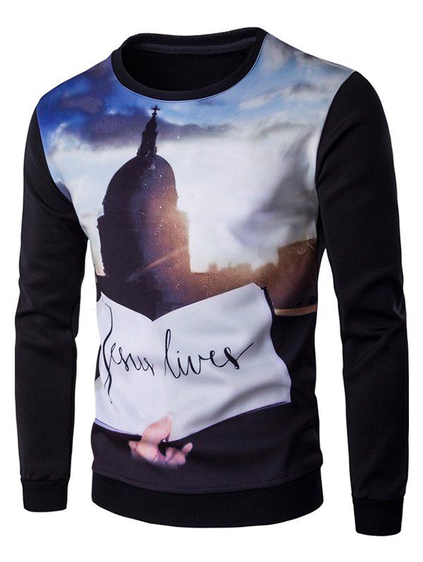 

Crew Neck 3D Building Printed Sweatshirt, Black