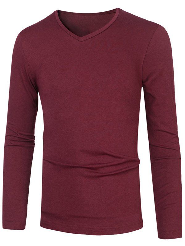 

Slim Fit V Neck Long Sleeve Basic Tee, Burgundy