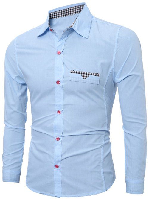 

Plaid Edging Spliced Long Sleeve Pocket Shirt, Lake blue