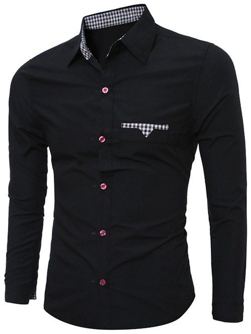 Chemise à poches à manches longues ,bordure jointive à carreaux - Noir 2XL