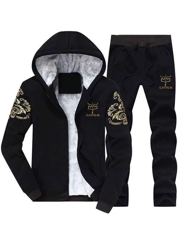 

Zip Up Printed Flocking Hoodie and Casual Pants Twinset, Black