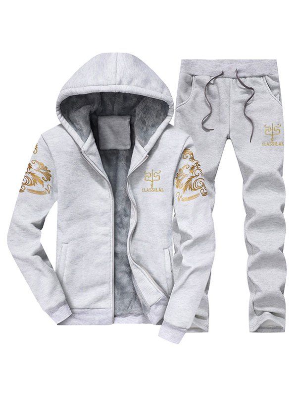

Zip Up Printed Flocking Hoodie and Casual Pants Twinset, Light gray